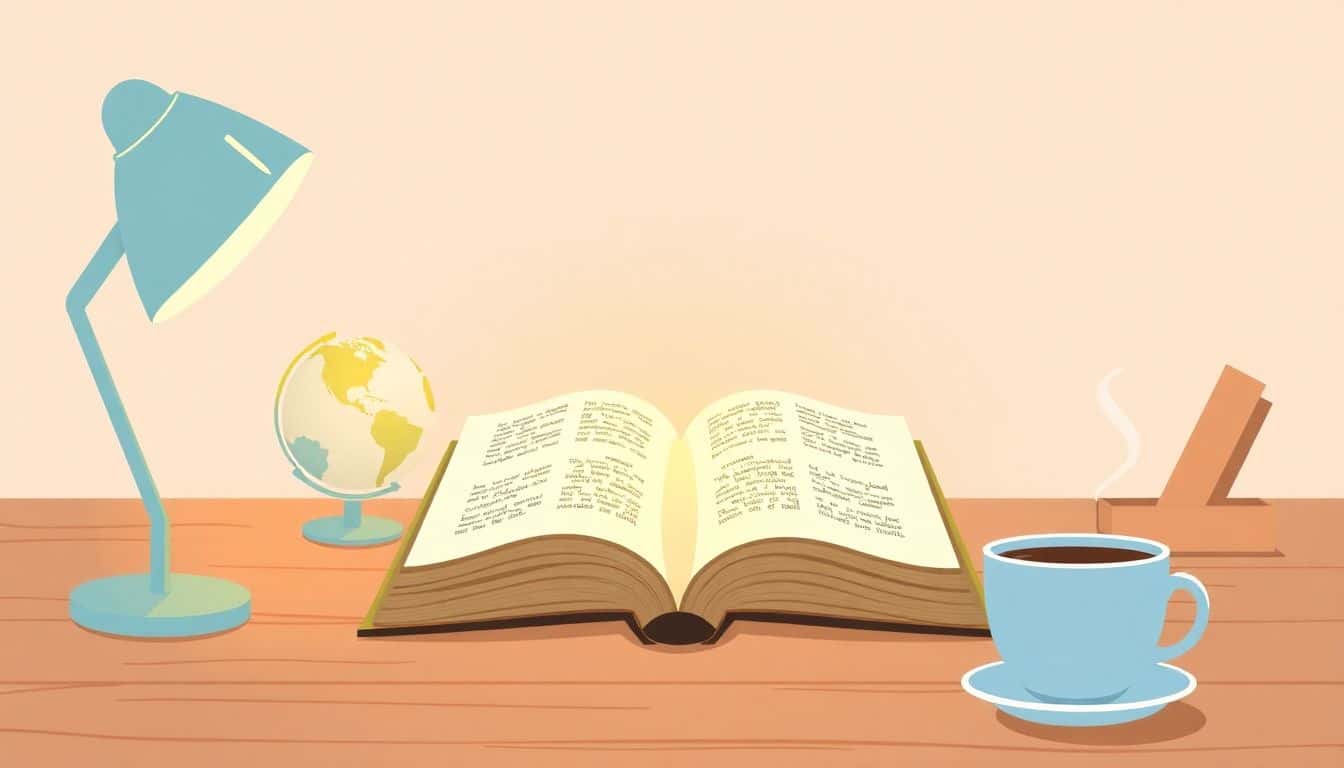 A serene desk scene featuring an open book with glowing pages, a small globe, a social media icon, and a steaming cup of coffee, all set against a calming background.