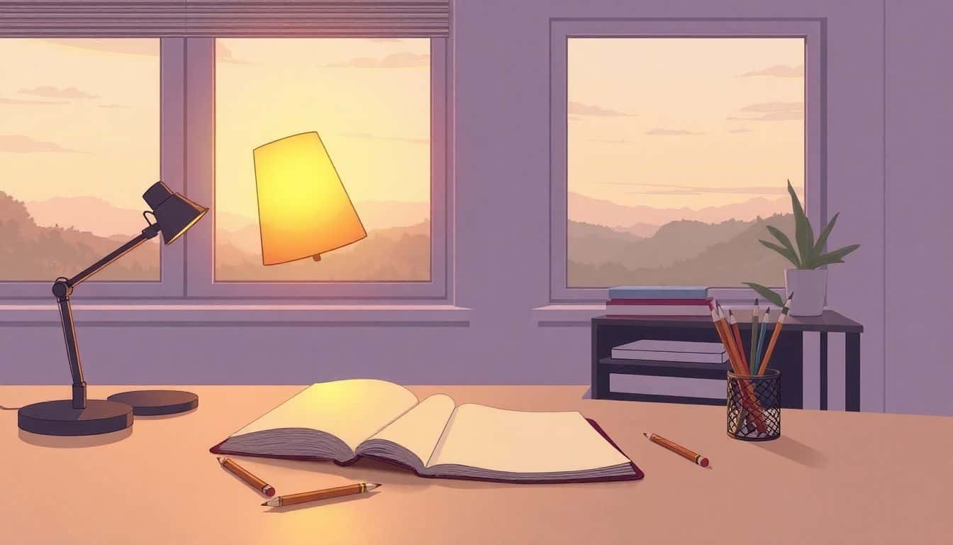 Illustration of a serene workspace for a graphic novelist featuring a neatly organized desk with a sketchbook, pencils, and a warm desk lamp, alongside a large window with a tranquil nature view.