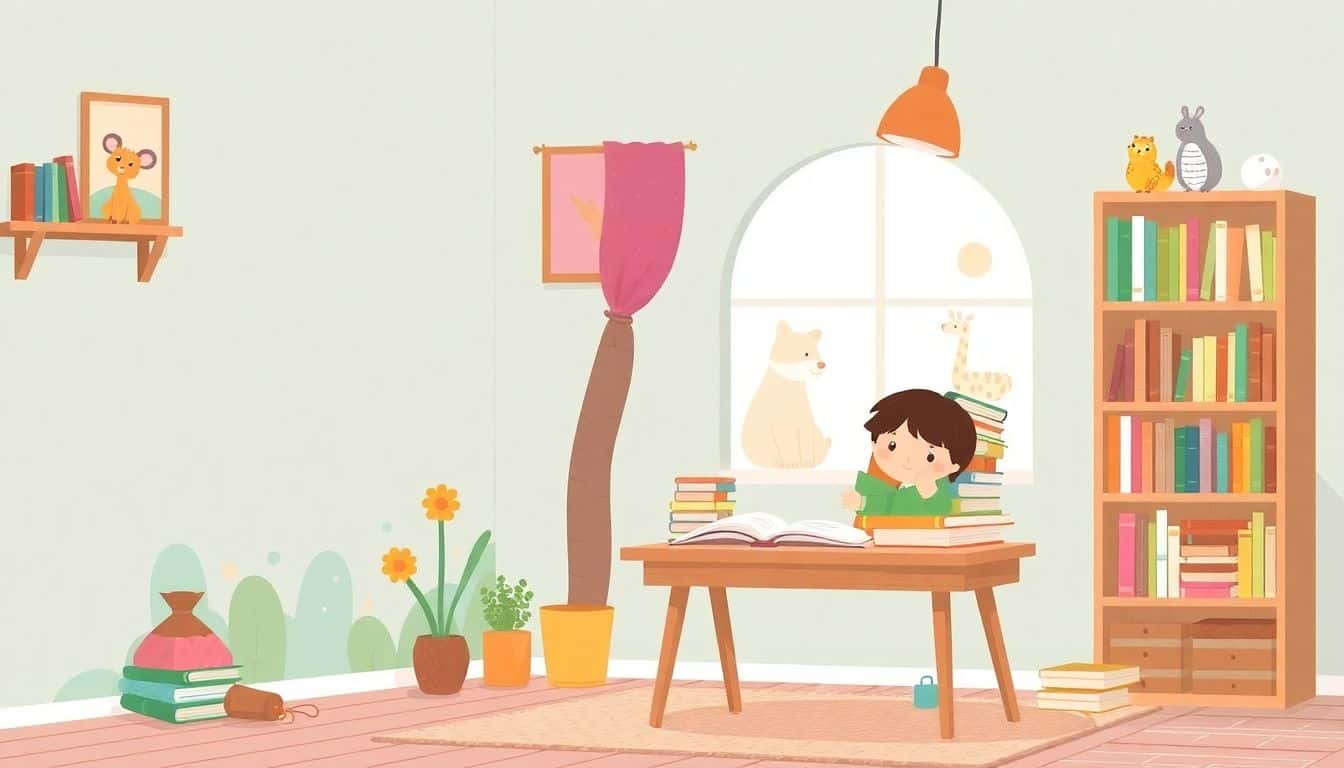 A cozy writing nook with a charming desk stacked with colorful children's book drafts, a cute bookshelf, soft lighting, and a young author surrounded by whimsical illustrations of animals in a storybook forest.