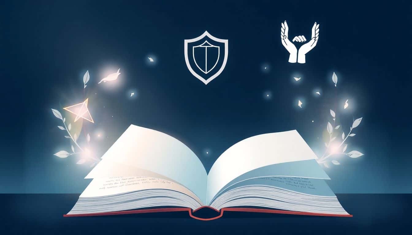 An open book with flipping pages surrounded by soft light, featuring a shield and intertwined hands in the background, symbolizing protection and partnership.