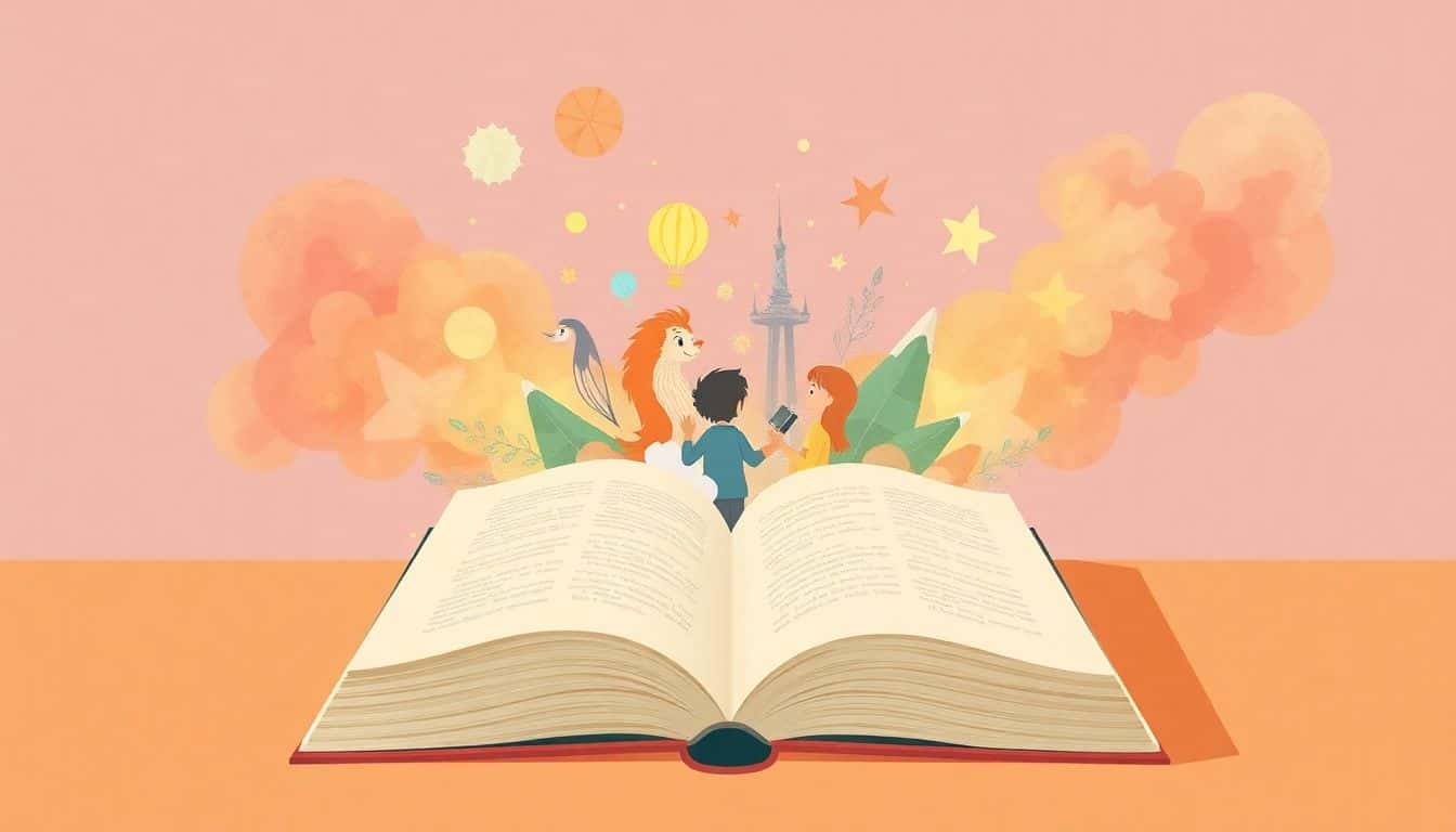 An open book with vibrant, animated characters emerging from its pages, surrounded by soft clouds of vivid landscapes and abstract shapes, all in warm colors, creating a serene atmosphere.