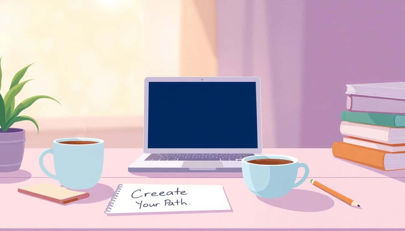 Illustration of a serene workspace featuring a cozy desk with an open laptop, a steaming cup of coffee, and a notepad that reads 'Create Your Path,' surrounded by a softly blurred background with calming colors, a potted plant, and a stack of books.