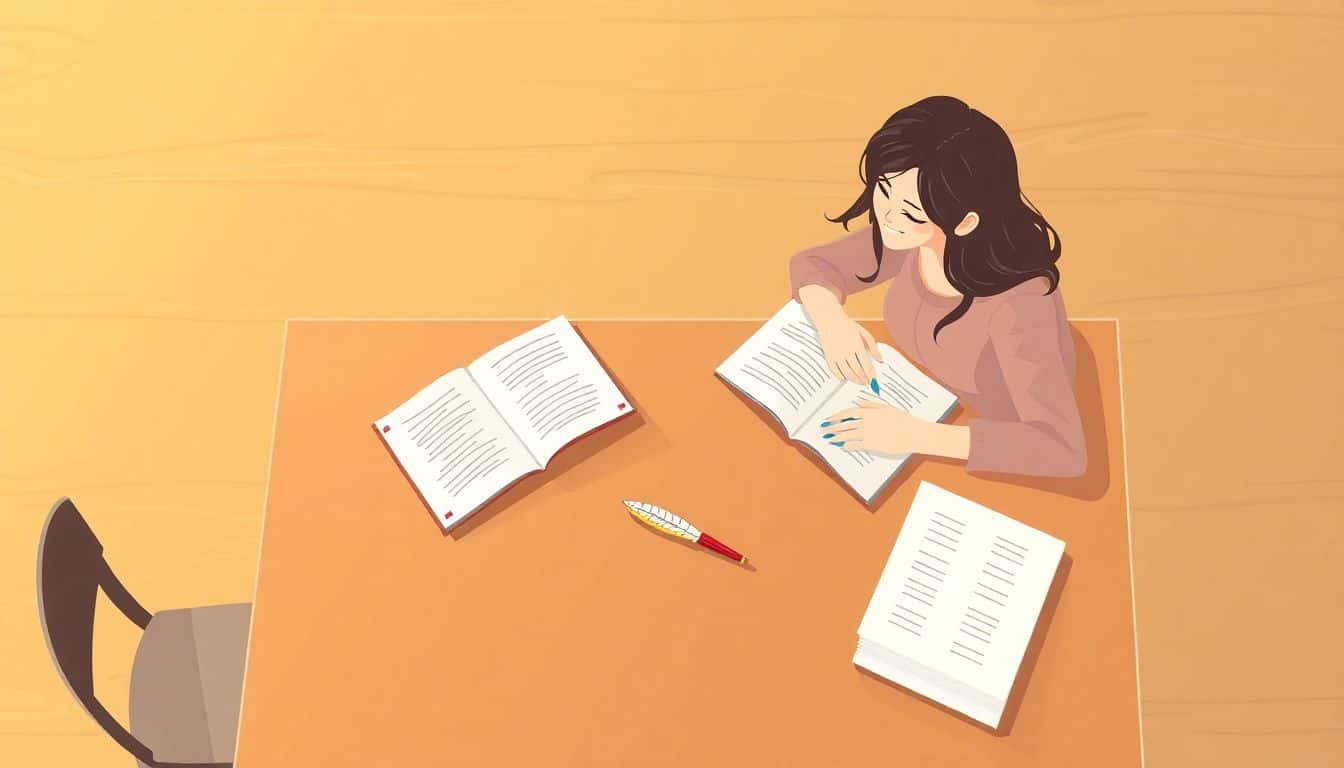 Two authors sitting at a wooden table, discussing happily over open notebooks and pens, with a subtle legal agreement and a quill pen in the scene; warm colors and a soft, blurred background emphasize their collaboration.