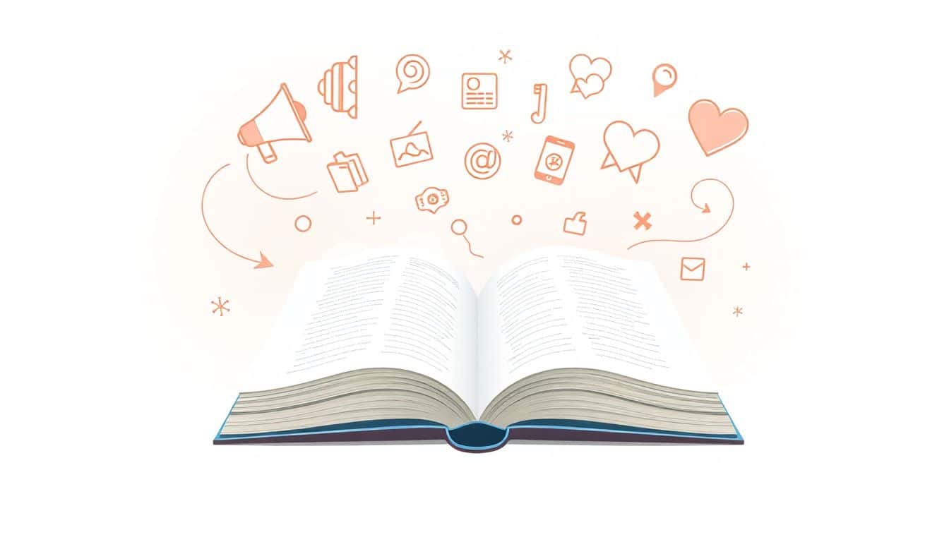 Open book surrounded by a swirl of marketing icons like a megaphone, social media symbols, and a heart, all set against a soft pastel background.
