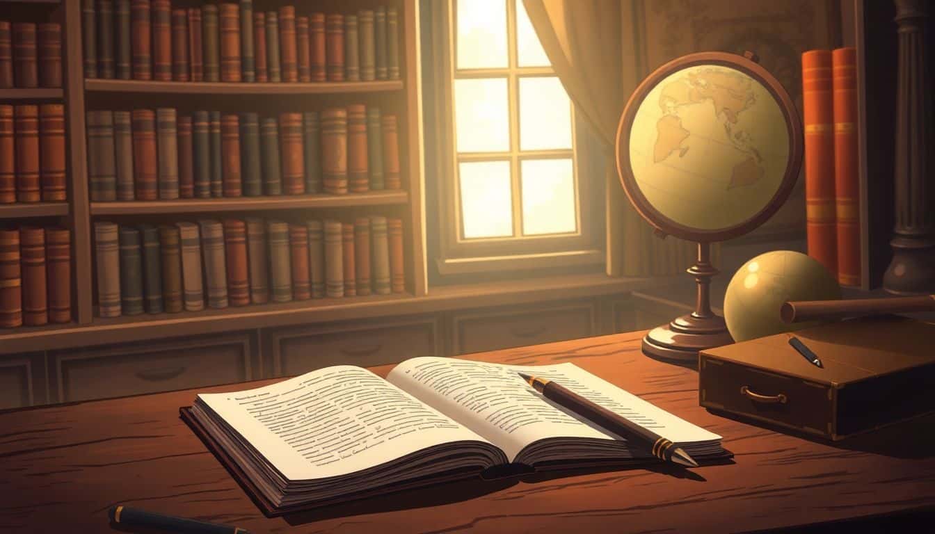 Cozy writing nook featuring a vintage desk with an open notebook, quill pen, and a softly glowing bookshelf filled with history books and a globe, all illuminated by warm lighting.