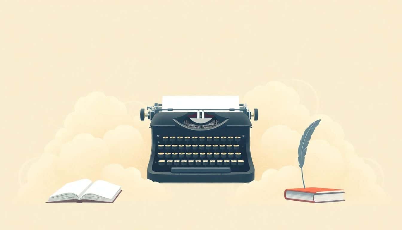 Elegant typewriter surrounded by soft pastel clouds, hints of books and a quill, conveying personal branding for authors.