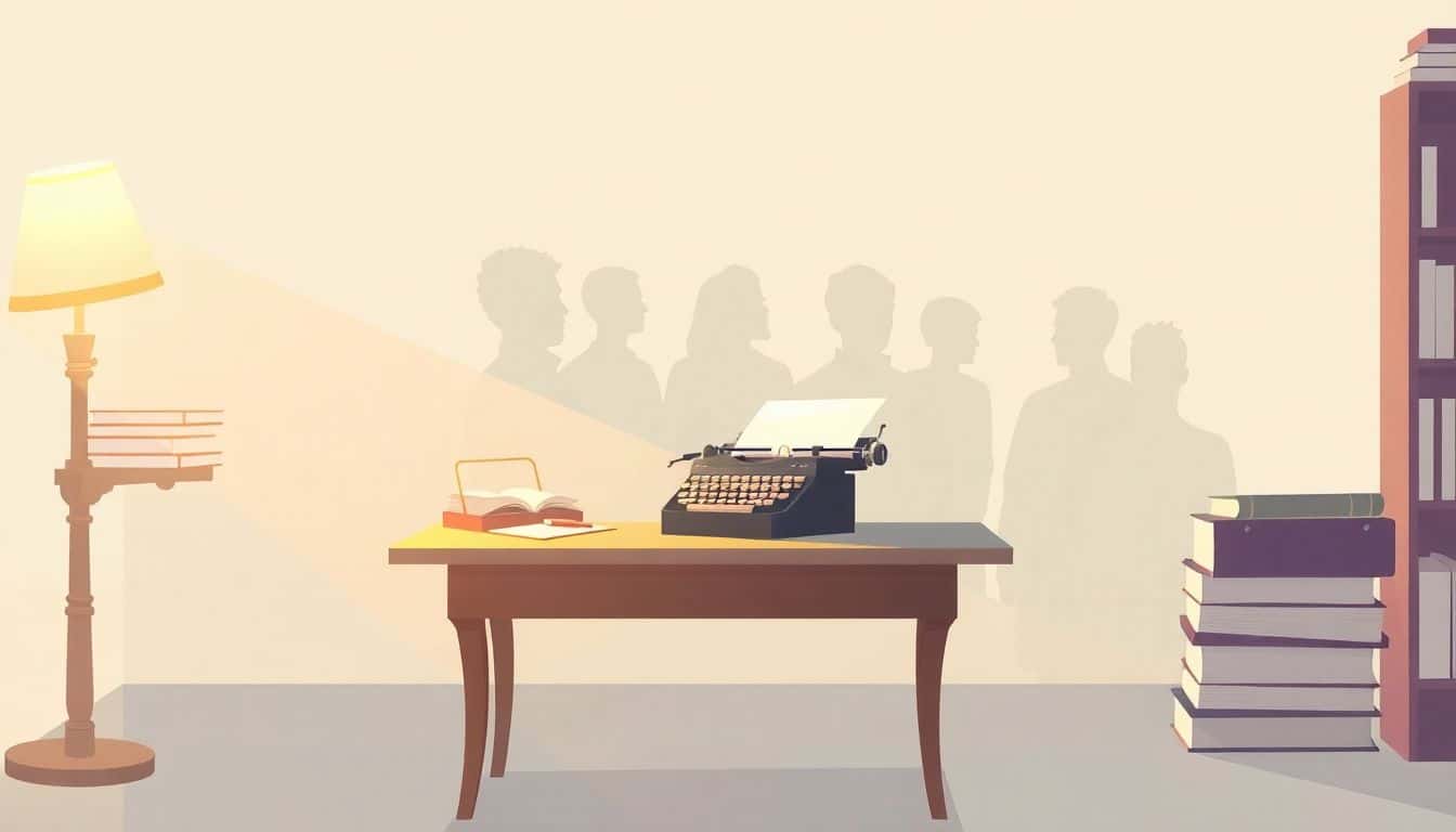 A serene writing environment featuring an elegant desk with a vintage typewriter, open books, and warm lighting, with abstract silhouettes in the background symbolizing empathy and understanding.