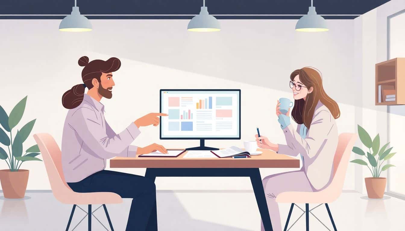 A diverse team of three people collaborating over a large document in a bright, minimalistic workspace, with one pointing at a colorful screen, another taking notes, and a third smiling while sipping coffee. Soft pastel colors and potted plants enhance the cozy atmosphere.