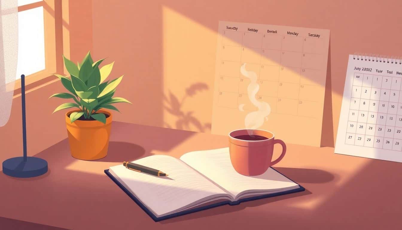 A cozy writing desk with an open notebook and pen, warm lighting, a potted plant, and a steaming mug of tea or coffee; faint outlines of a goal-marked calendar in the background create a minimalist, calming atmosphere.