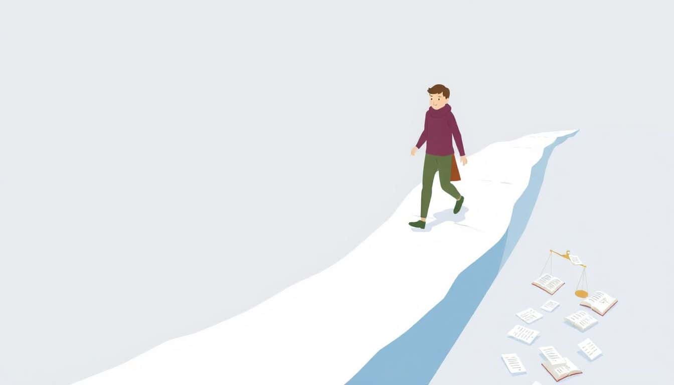 A person walking cautiously on a narrow, icy path, avoiding pitfalls symbolized by icons of an open book, a tipped scale, and scattered papers, set against a serene and minimalistic background in soft colors.