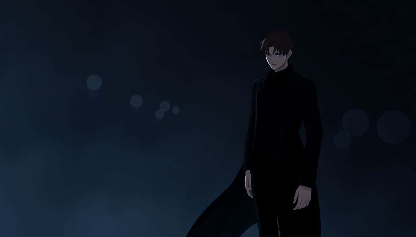 Mysterious villain in a dimly lit setting, wearing a dark elegant outfit and displaying a thoughtful expression, surrounded by subtle shadows and blurred silhouettes of past conflicts.