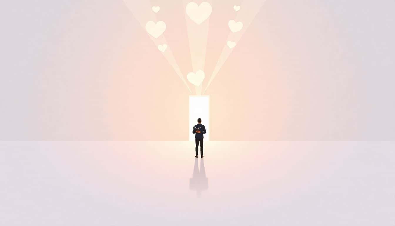 A solitary figure stands in a vast, open room holding a book, gazing towards a distant glowing door symbolizing opportunities, surrounded by floating hearts and light beams that represent engagement, with a calm color palette conveying introspection and hope.