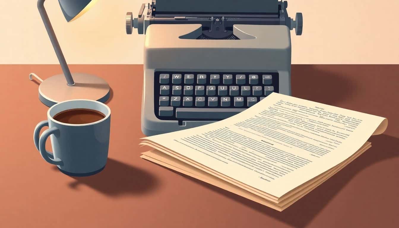 Neatly organized writing desk with a vintage typewriter, a partially rolled manuscript, and a cup of coffee, featuring soft warm lighting and minimalistic background.
