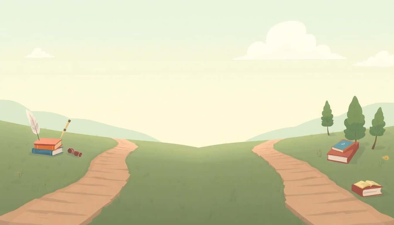 Illustration showing two diverging paths in a serene landscape—one path features classic literary symbols like quills and books for traditional publishing, while the other is lined with digital tablets and modern media for hybrid publishing, all in soft, calming colors.