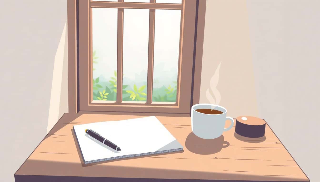 A cozy writing desk beside a window, featuring a blank notepad, a sleek pen, and a steaming cup of coffee, with gentle greenery visible outside.