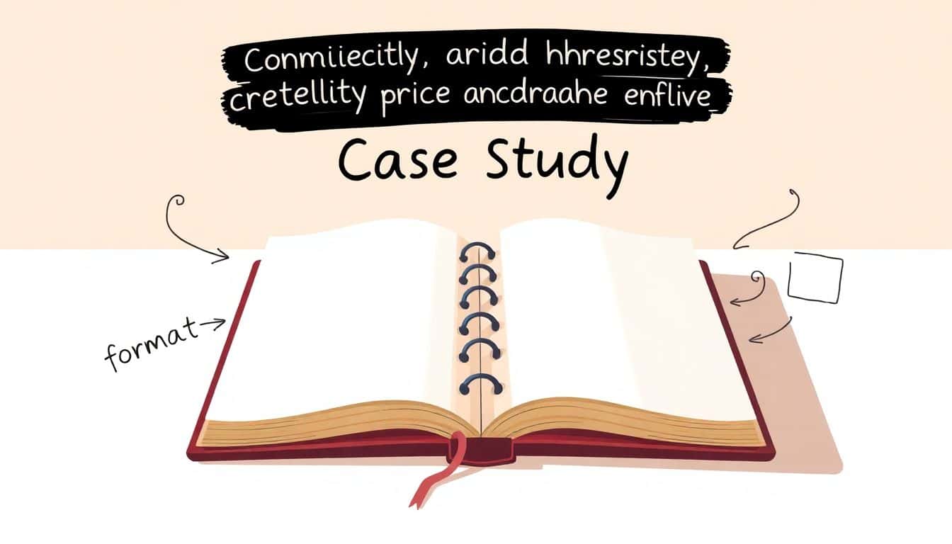 Illustration of an open notebook with sketches and bullet points labeled 'format', 'engagement', and 'platforms', set against a warm color palette with soft shading.