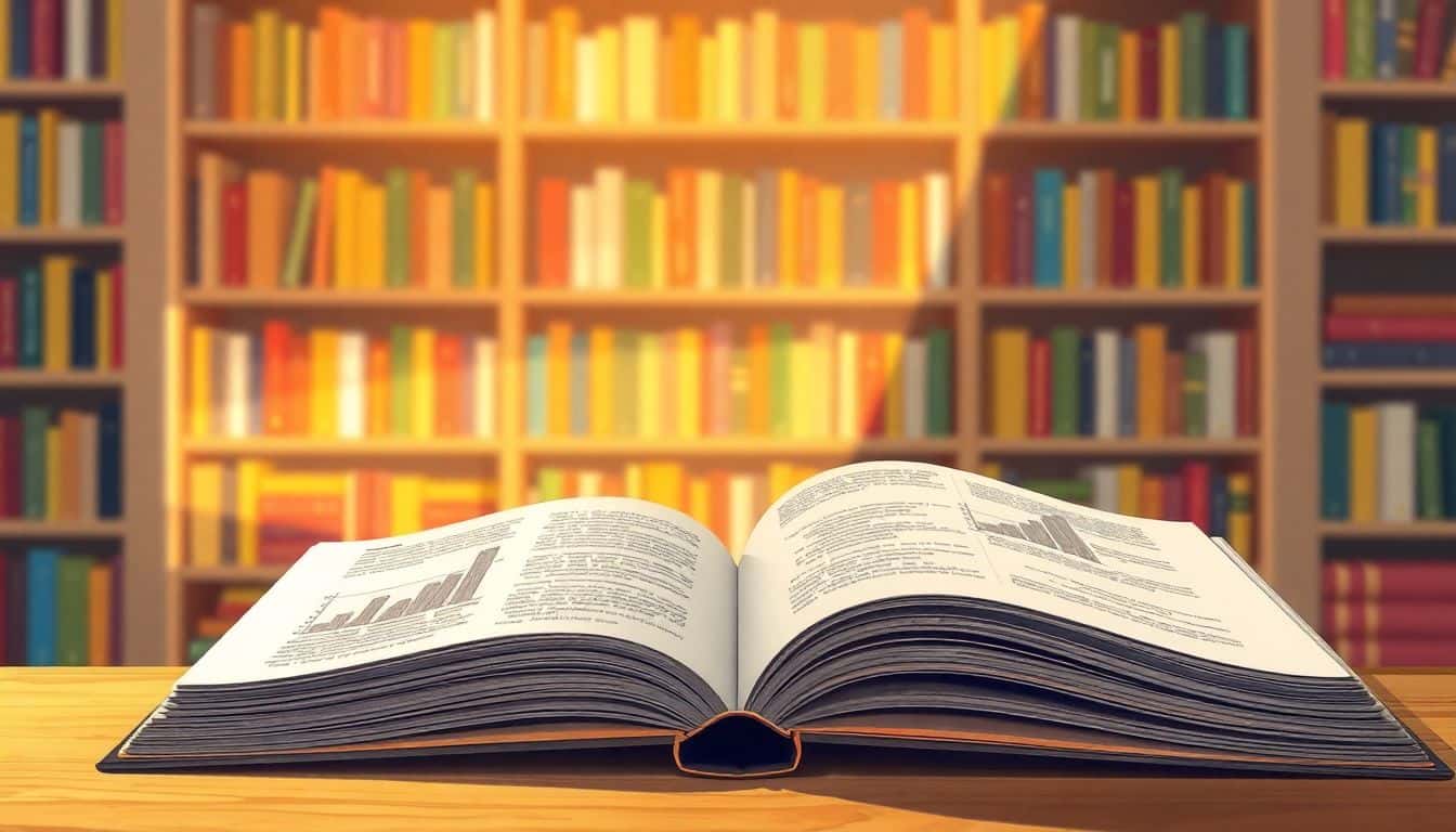 Open bookshelf filled with colorful books, illuminated by warm light, with a foreground book displaying hand-drawn graphs and reading goals against a soft, blurred background.