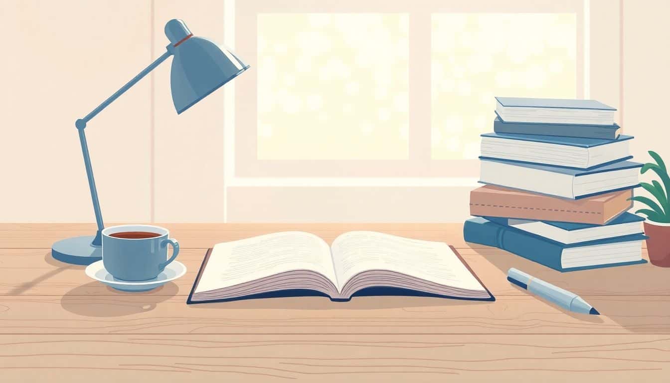 Minimalist workspace with a wooden desk, open notebook, steaming coffee cup, and stack of books, bathed in soft natural light with calming colors.