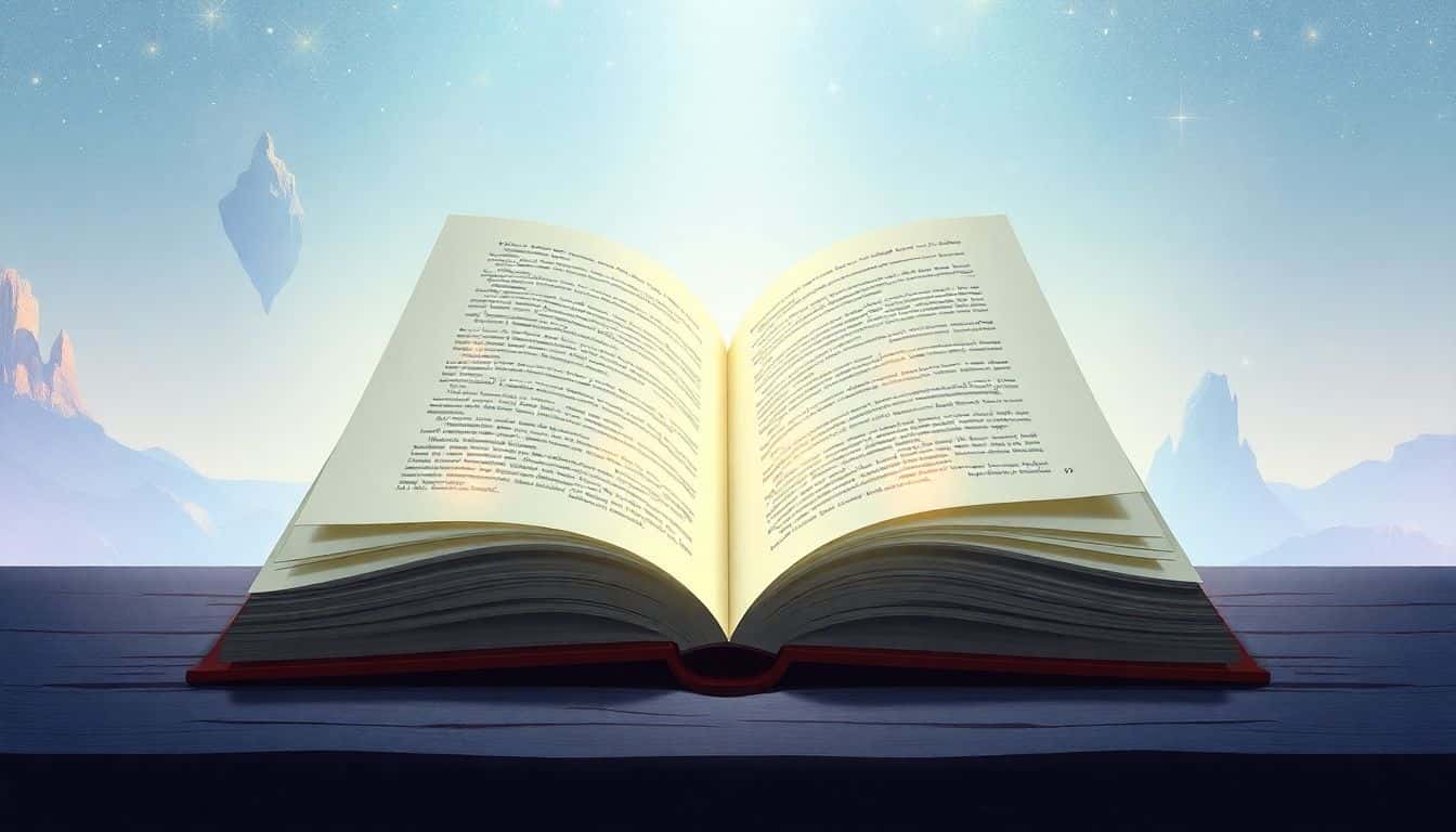Open book with glowing pages surrounded by soft, ethereal light in a dreamlike landscape with floating islands and shimmering stars.