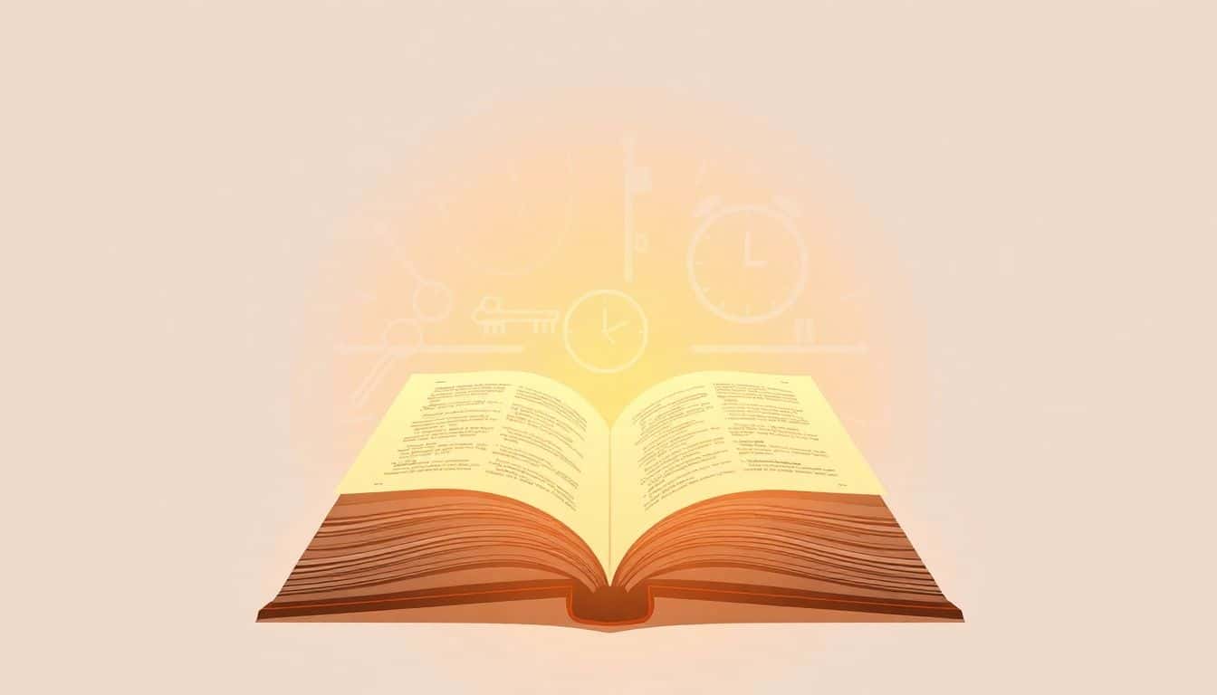 Open book surrounded by a soft glow, with subtle hints of keys and a clock in the minimalistic background, evoking themes of discovery and the author's journey. Warm color palette enhances the sense of hope and creativity.