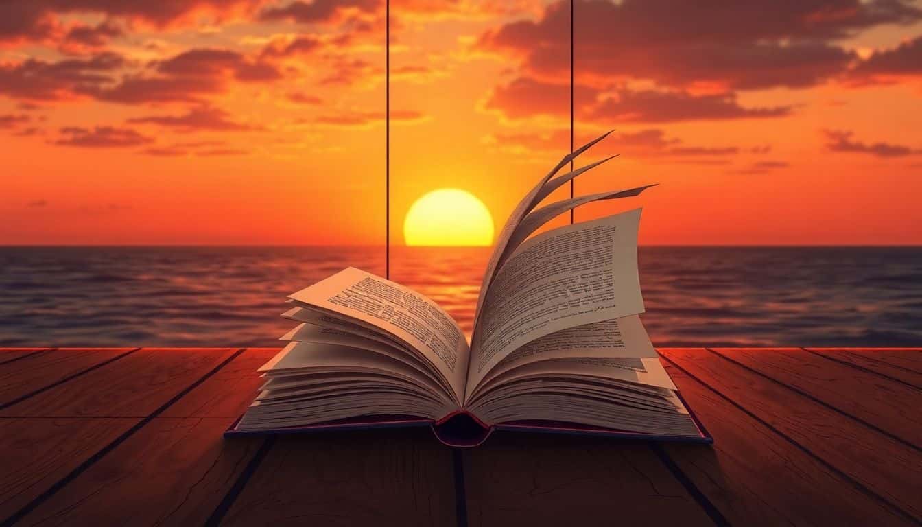 An open book suspended above a wooden table with fluttering pages, set against a dramatic sunset sky in warm colors.