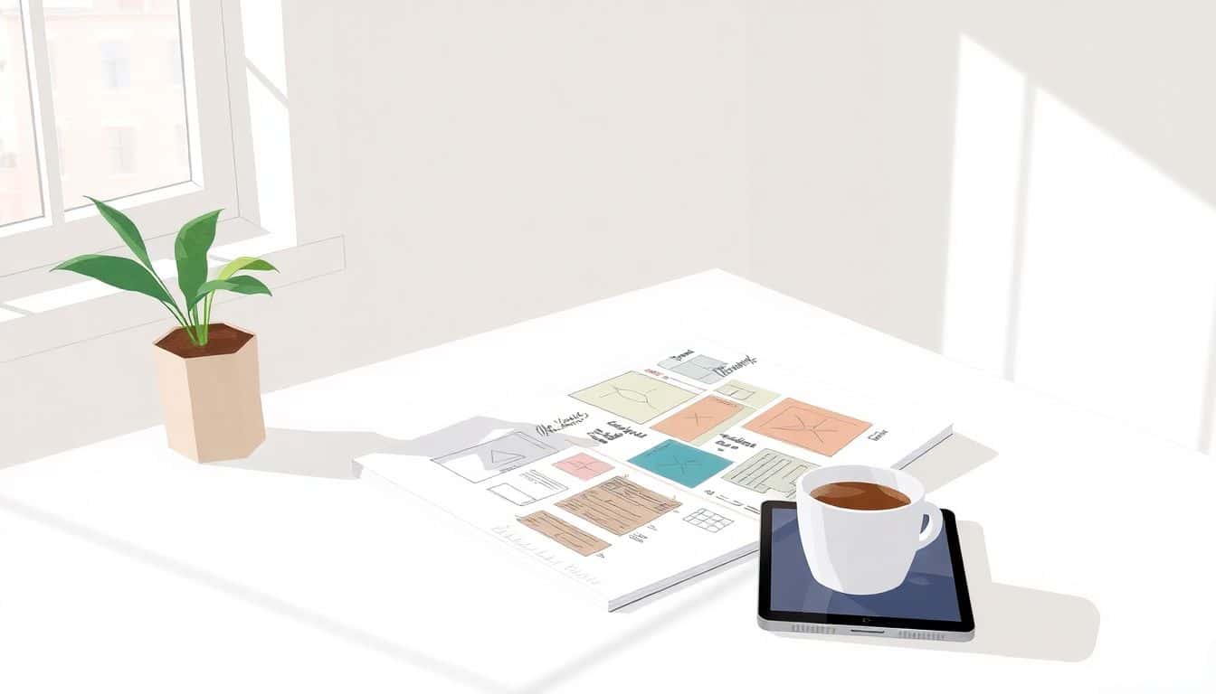 Minimalist workspace with an open sketchpad displaying colorful storyboarding sketches, a warm cup of coffee, and a digital tablet, illuminated by soft natural light from a window.