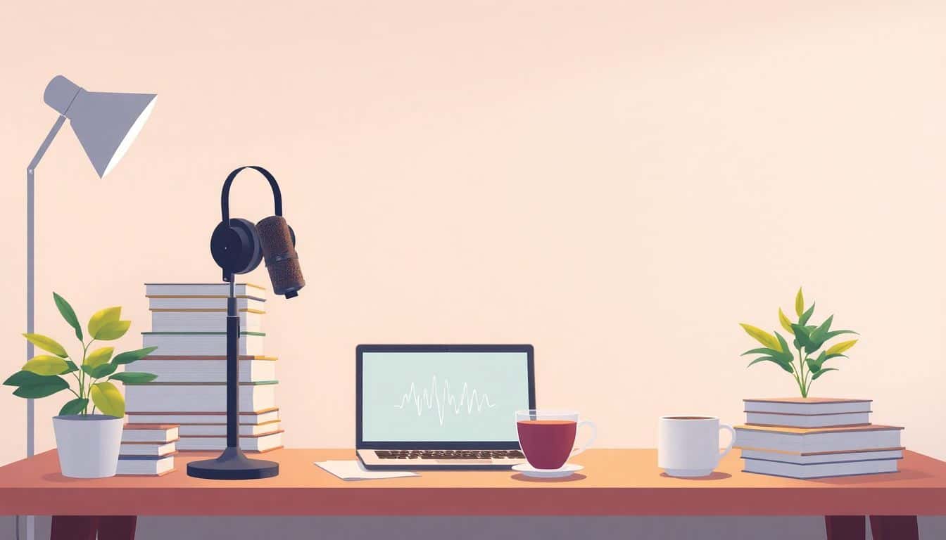 Illustration of a cozy workspace for an audiobook creator, featuring a desk with a microphone, headphones, a stack of books, a laptop showing a soundwave graph, warm lighting, a plant in the corner, and a cup of tea. Minimalist design emphasizing creativity and simplicity.