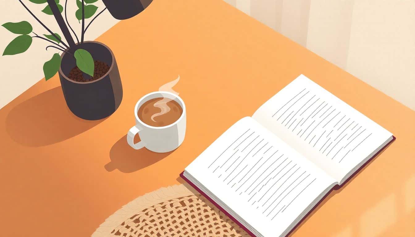 Cozy minimalist workspace with a wooden desk, open notebook, steaming cup of coffee, soft warm lighting, and a potted plant.