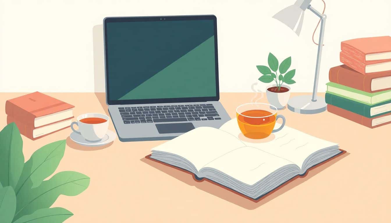 Cozy workspace with a neatly arranged desk, laptop, open notebook, steaming cup of tea, small plant, and a stack of books, in soft, calming colors.