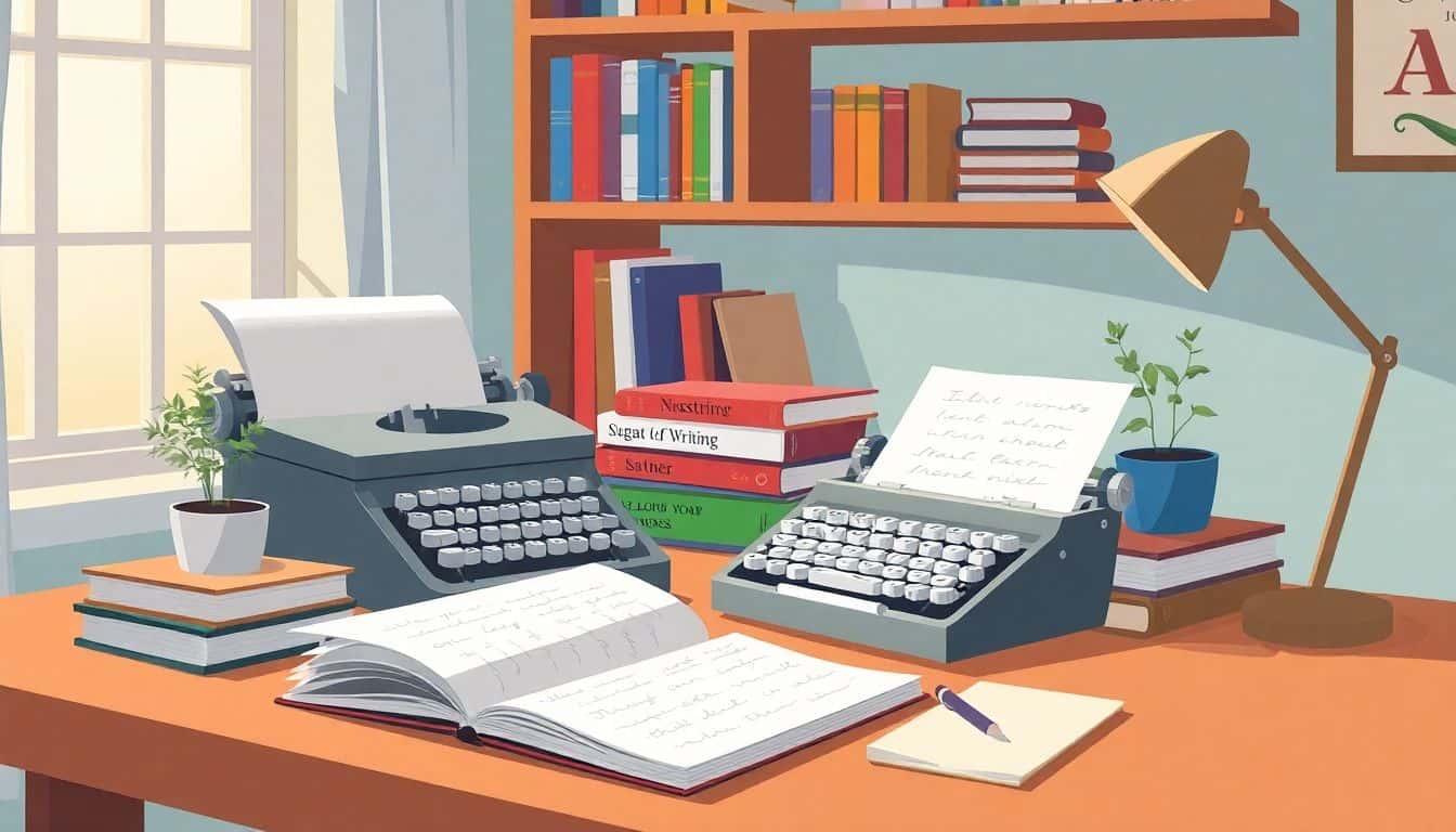 Cozy workspace with a vintage typewriter, colorful books, an open notebook with handwritten notes, a warm window glow, and a small potted plant.