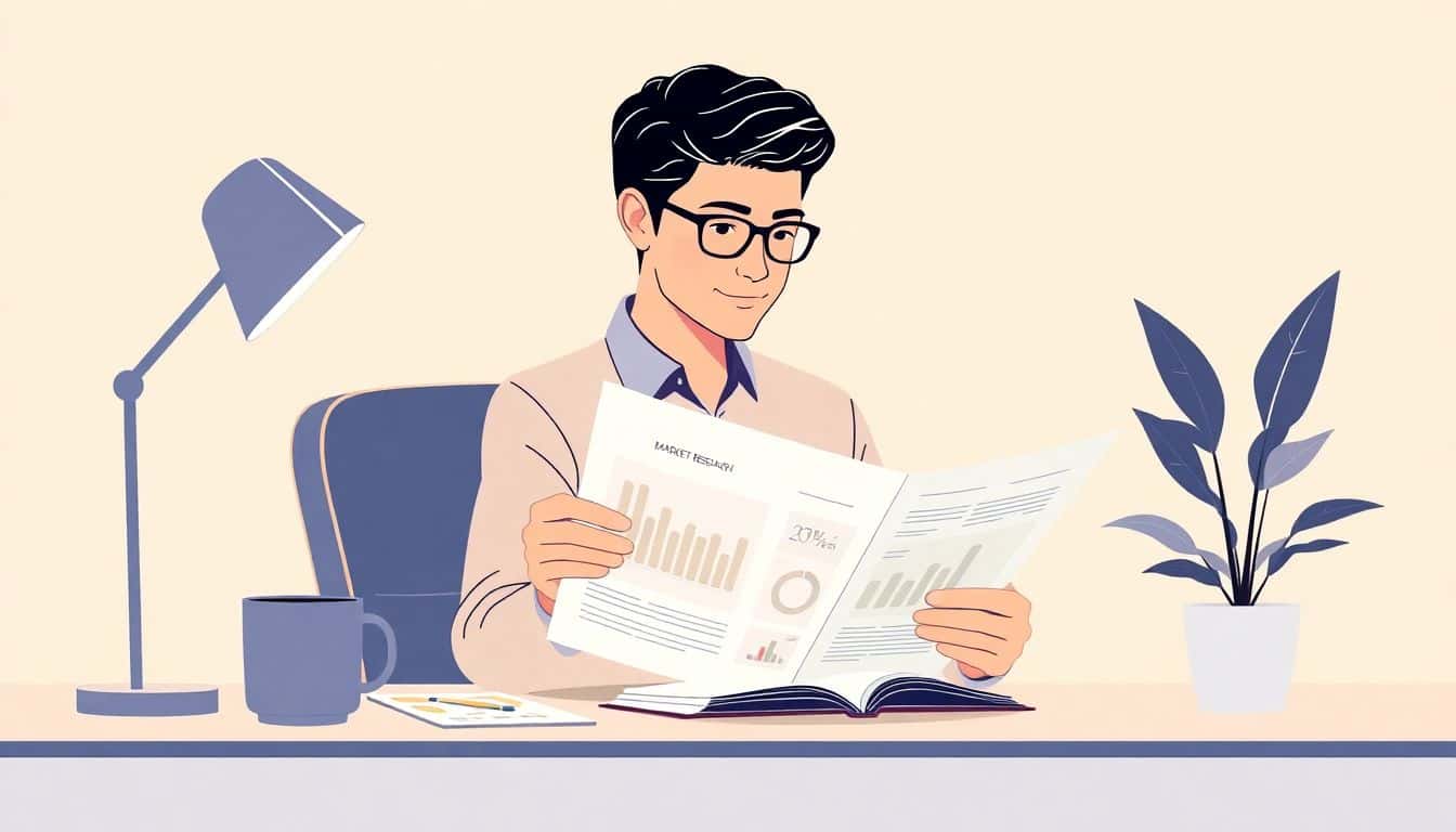 Person sitting at a stylish desk, reviewing a market research report with graphs, a coffee cup nearby, and a potted plant; warm lighting and minimalistic background create a serene, professional atmosphere.