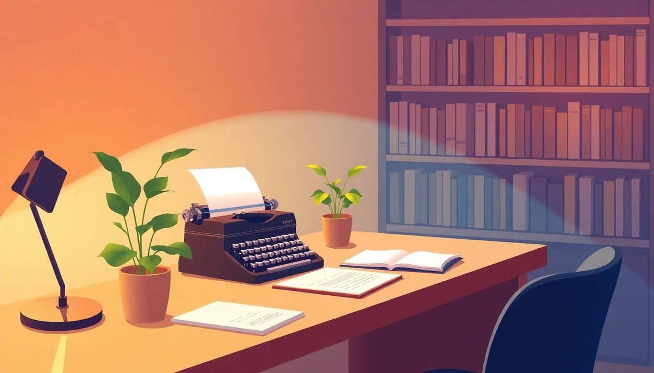 Illustration of a serene workspace with a sleek desk, vintage typewriter, and potted plant, surrounded by a softly lit bookshelf filled with books, creating an inspiring atmosphere for an aspiring author.