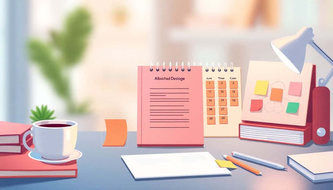 Illustration of a calm workspace featuring a beautifully designed book at the center, surrounded by a neatly arranged calendar, a cup of coffee, and colorful sticky notes, with a softly blurred background in warm colors.
