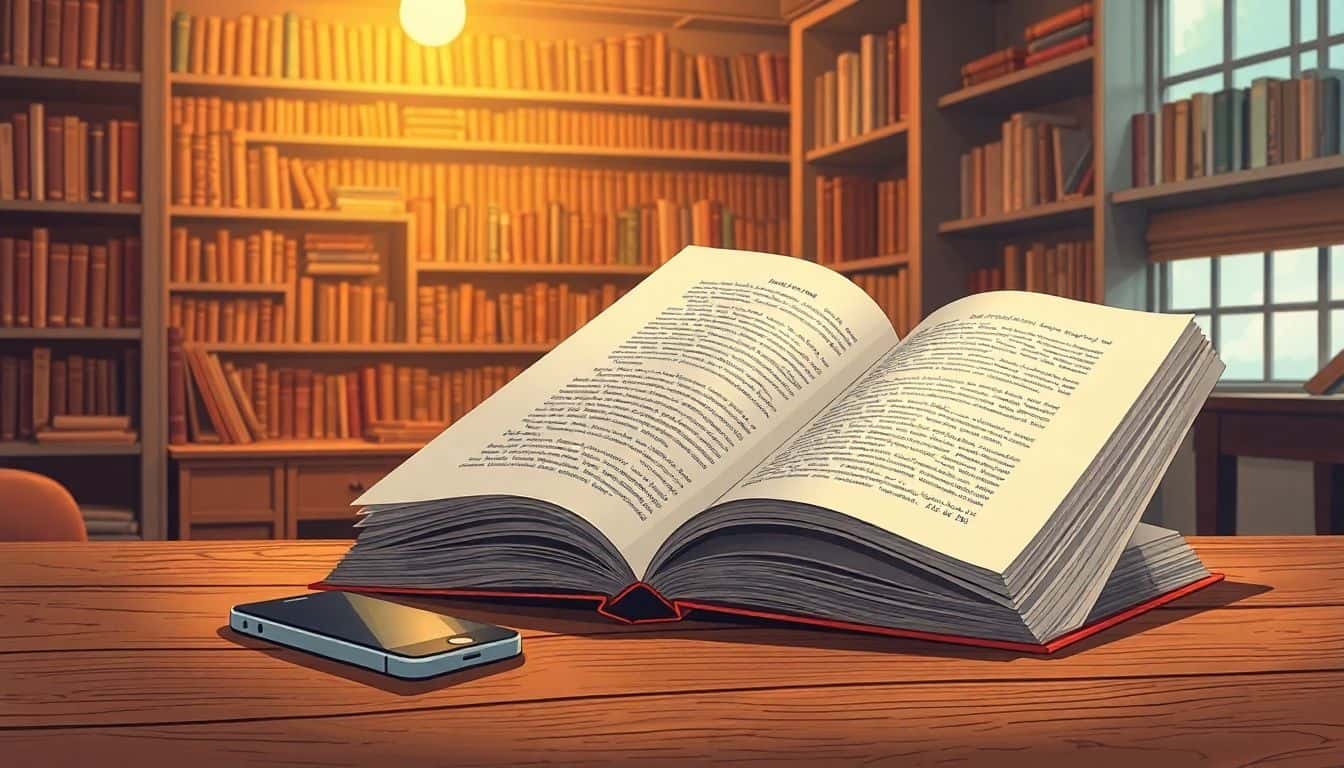 A cozy vintage bookstore featuring an open book on a wooden table illuminated by warm light, with a smartphone nearby, headphones, and soundwaves subtly integrated into the scene, conveying the contrast between traditional and digital reading.