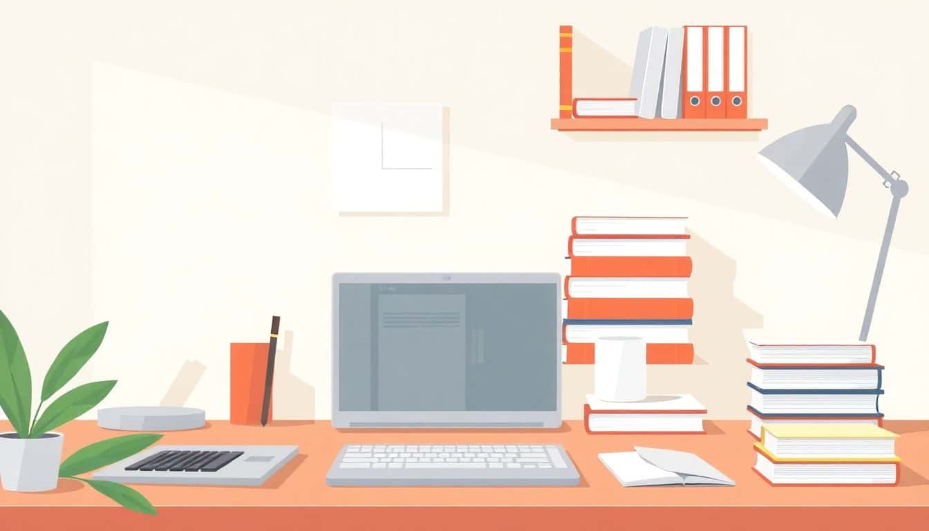 A serene workspace with a minimalist planner, laptop, and organized stack of books, accompanied by a calendar and labeled folders, in a calming color palette.