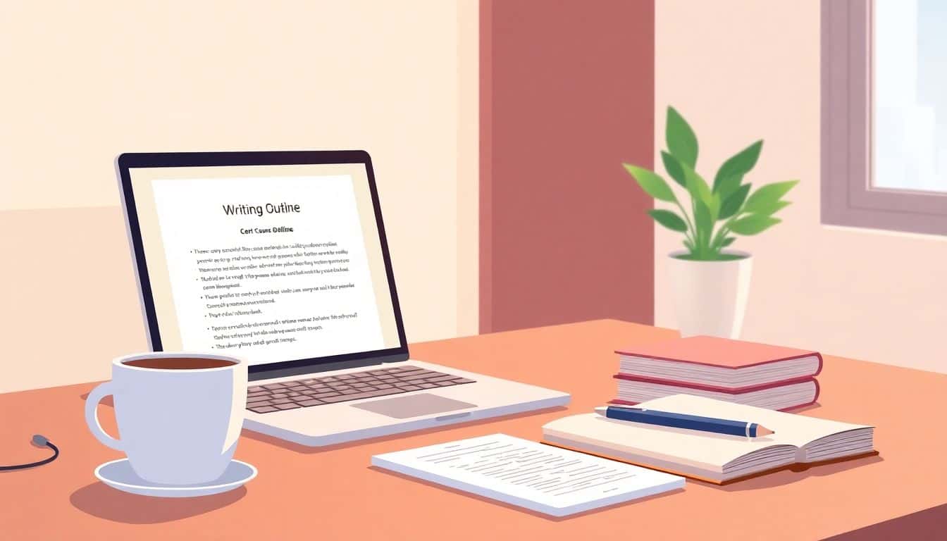 A serene workspace with a clean desk, open laptop showing a course outline, a steaming cup of coffee, a stacked notebook with a pen, and a small potted plant, all under soft warm lighting.