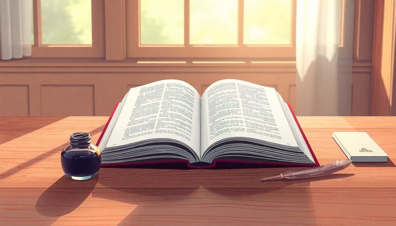 Open book on a polished wooden desk, with an inkwell and feather quill beside it, illuminated by soft natural light from a window, creating a serene writing atmosphere.