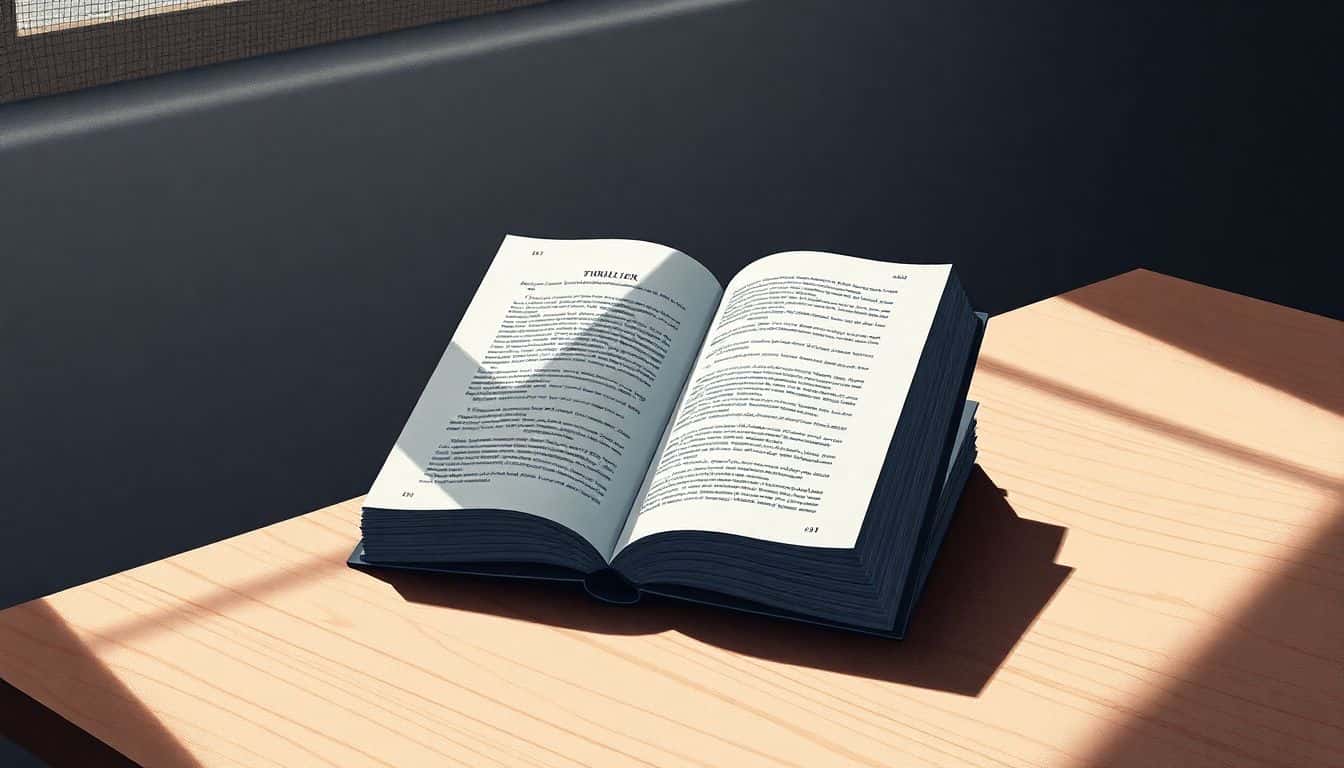 A solitary thriller book with a mysterious cover is slightly angled on a wooden table, illuminated by soft light, surrounded by faint abstract shapes suggesting suspense.