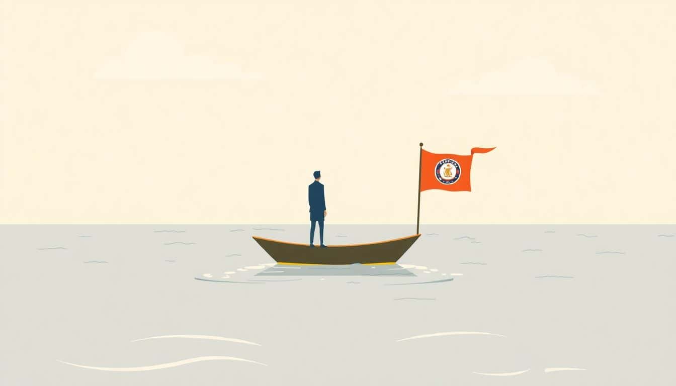 A solitary figure stands on a small boat in a calm sea, surrounded by subtle waves, under a clear sky with soft clouds. The boat has a vibrant flag with a unique emblem, symbolizing personal branding. The scene evokes serenity and determination.