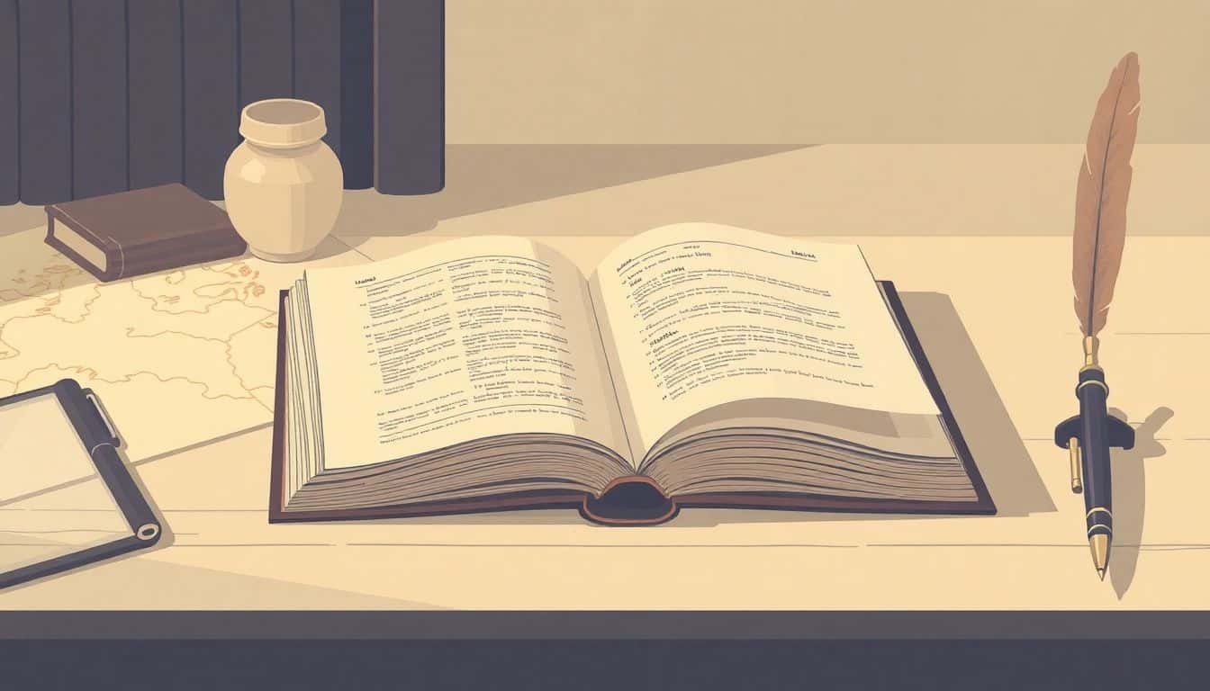 Minimalist illustration of a vintage journal on a simple desk, with a quill pen and faint historical maps in the background, using soft, warm tones.