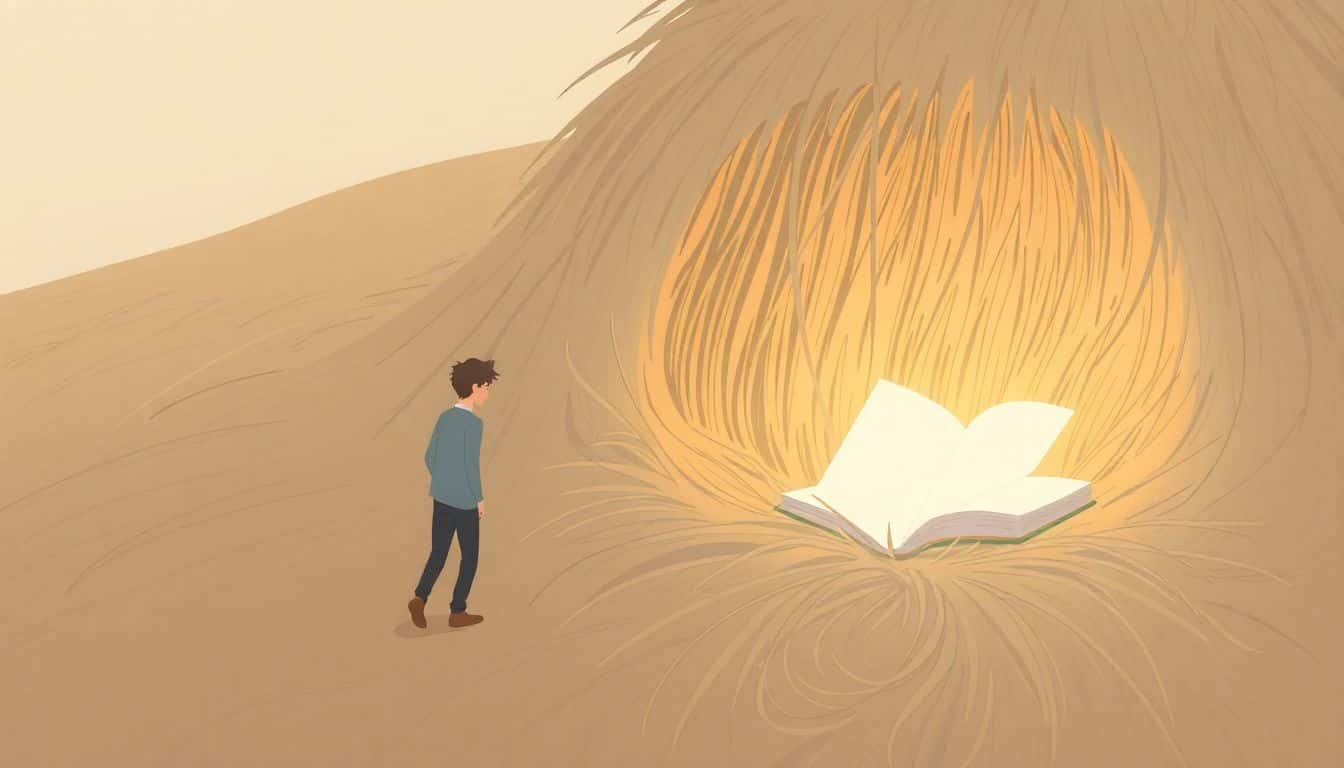 A person searches through a textured haystack for a glowing book, illuminated by soft, warm light, conveying a sense of discovery and focus.