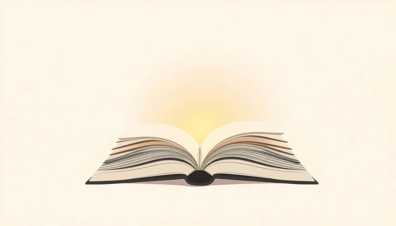 An open book with a warm glow emanating from its pages, set against a soft, minimalist background.