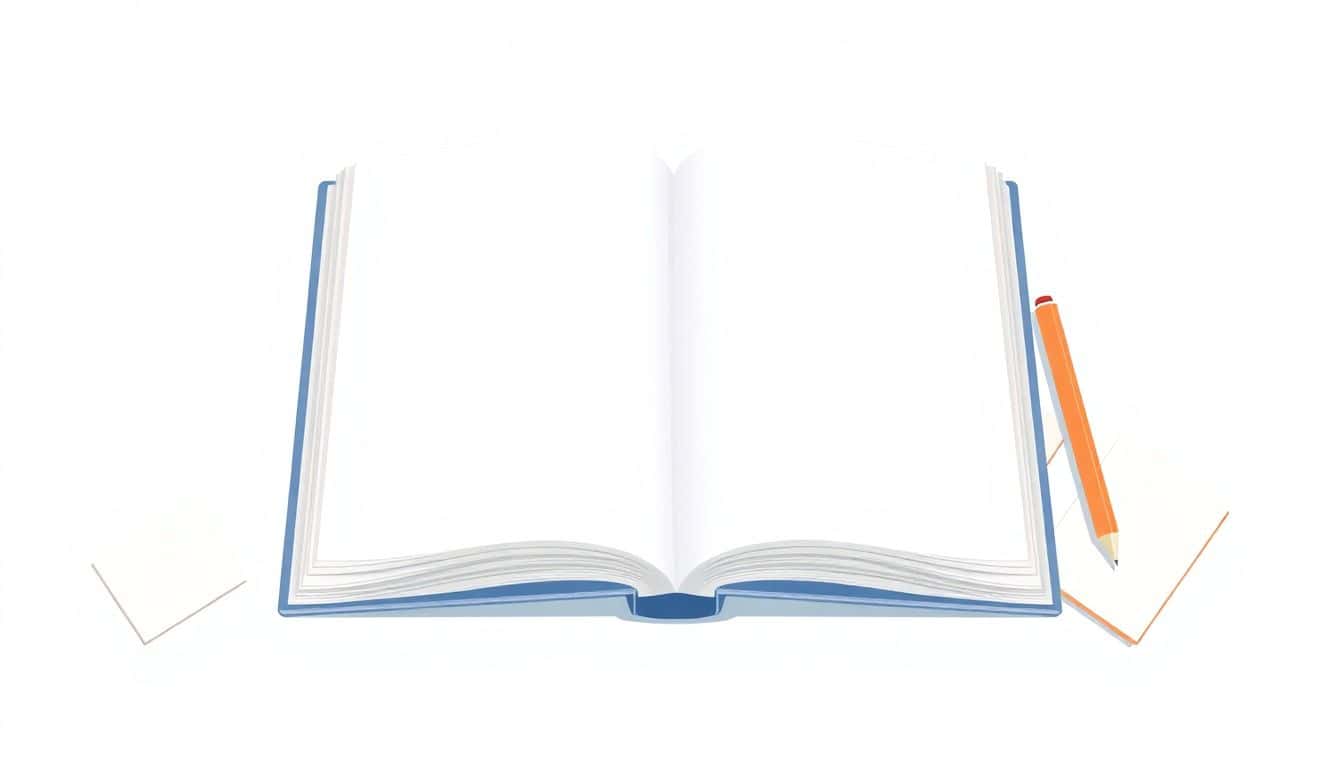 Minimalist illustration of an open workbook with blank pages, accompanied by a pen and notes, set in a soft color palette.