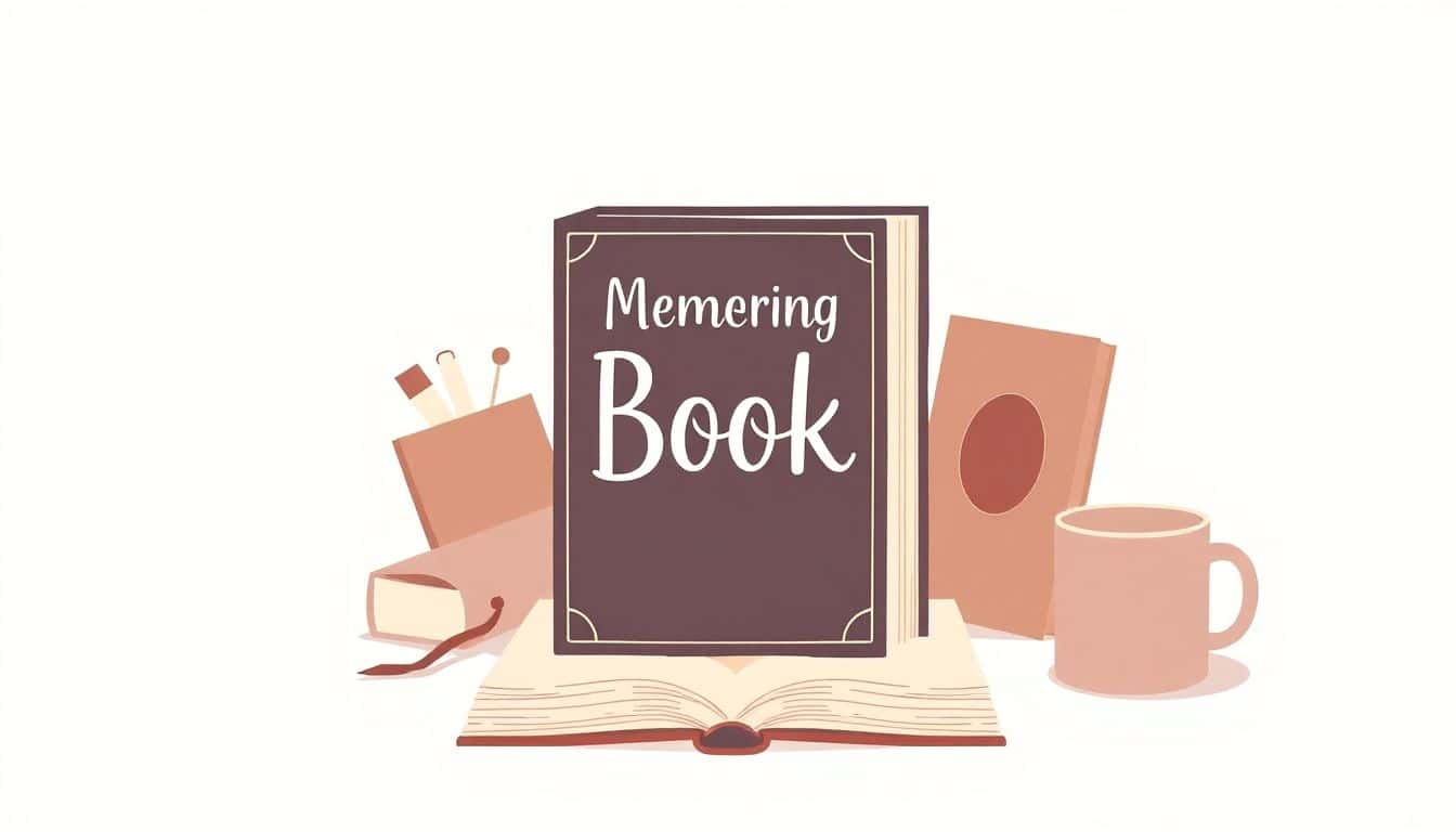 Minimalist illustration of a charming book surrounded by stylish merchandise items like bookmarks, mugs, and posters, set against a soft, clean background.