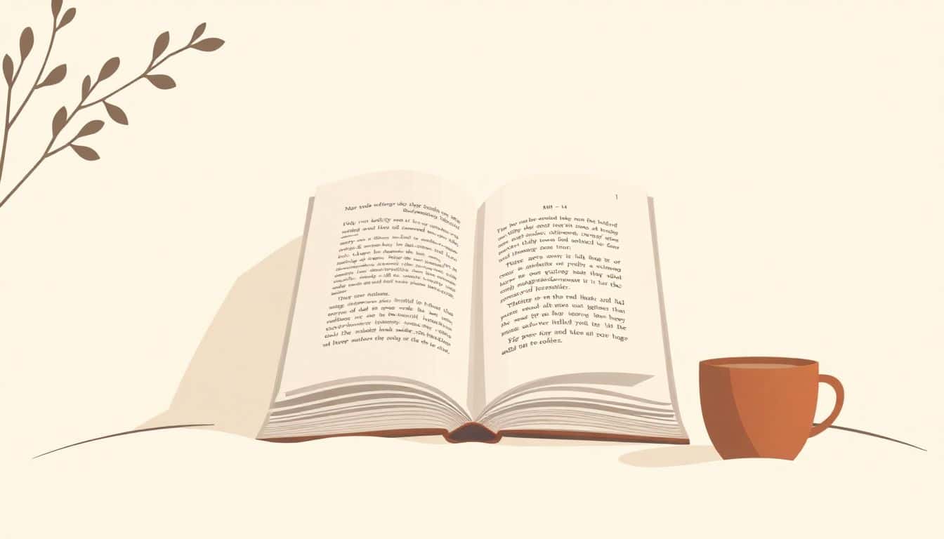 Minimalist illustration of an open book with a soft glow, accompanied by a coffee cup and a comfy chair, set against a clean background, evoking a cozy reading atmosphere.