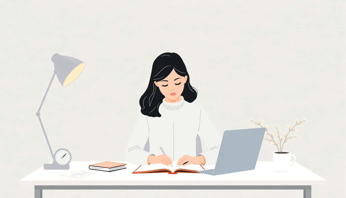 Minimalist illustration of a calm writer at a clean desk with a notebook and a small plant, surrounded by soft elements like a clock and scattered paper, in soothing colors.