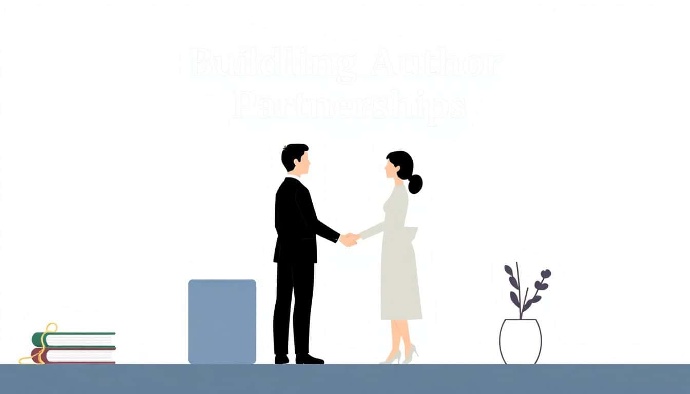 Minimalist illustration of two figures shaking hands with books and writing tools in the background, symbolizing author partnerships and collaboration.