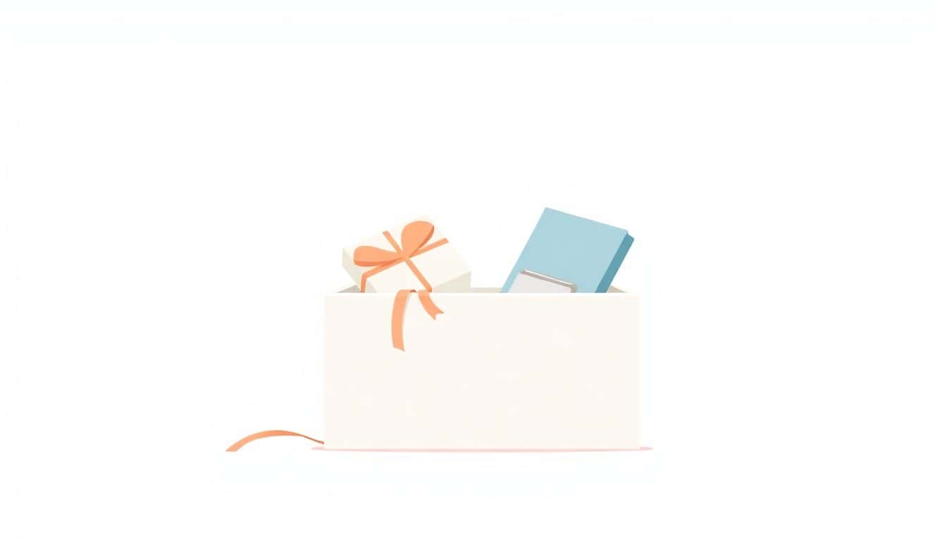 Minimalist illustration of a neatly arranged gift box with curated items, set against a clean, soft pastel background.