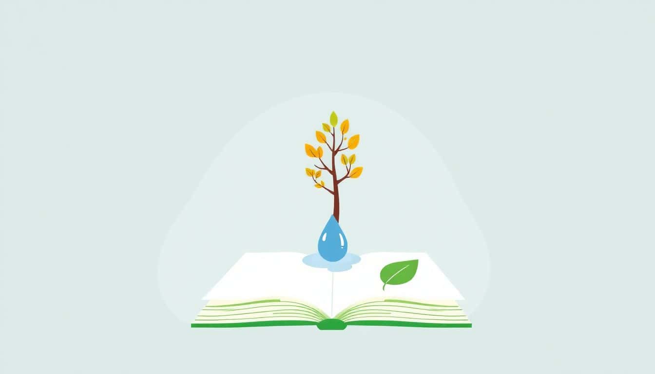Minimalist illustration of a vibrant tree, a water droplet, and a book with a green leaf emblem, signifying eco-friendly publishing and sustainability.