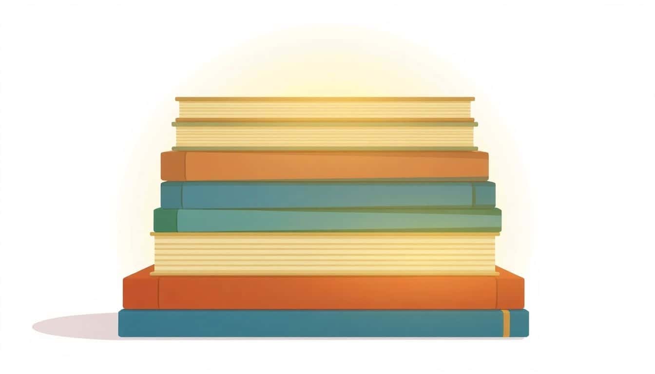 Minimalist illustration of a stack of books with a subtle glow, set against a soft, neutral-toned background.